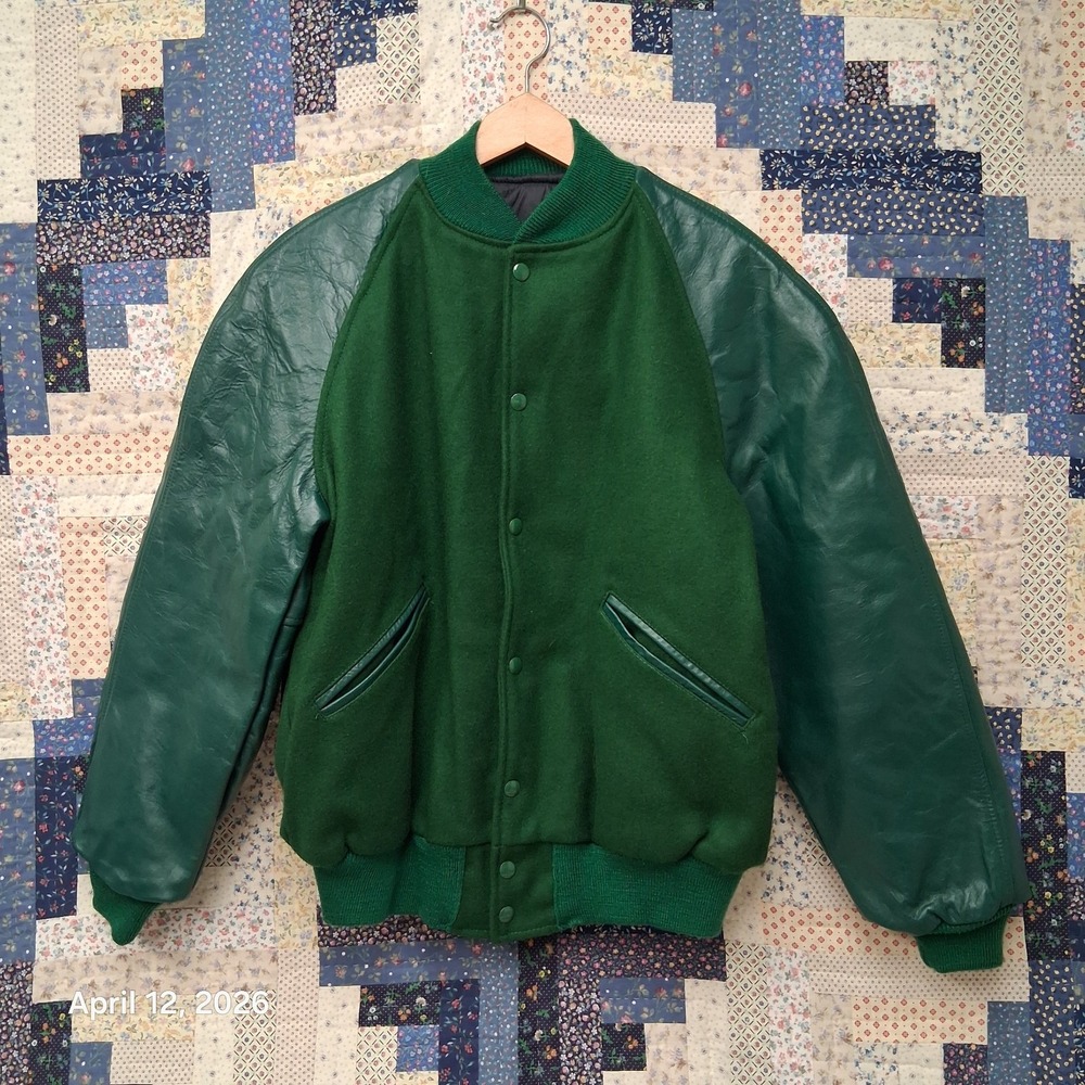 Vintage 70s Butwin Varsity Leather Wool Jacket Medium Green Blank Plain Union